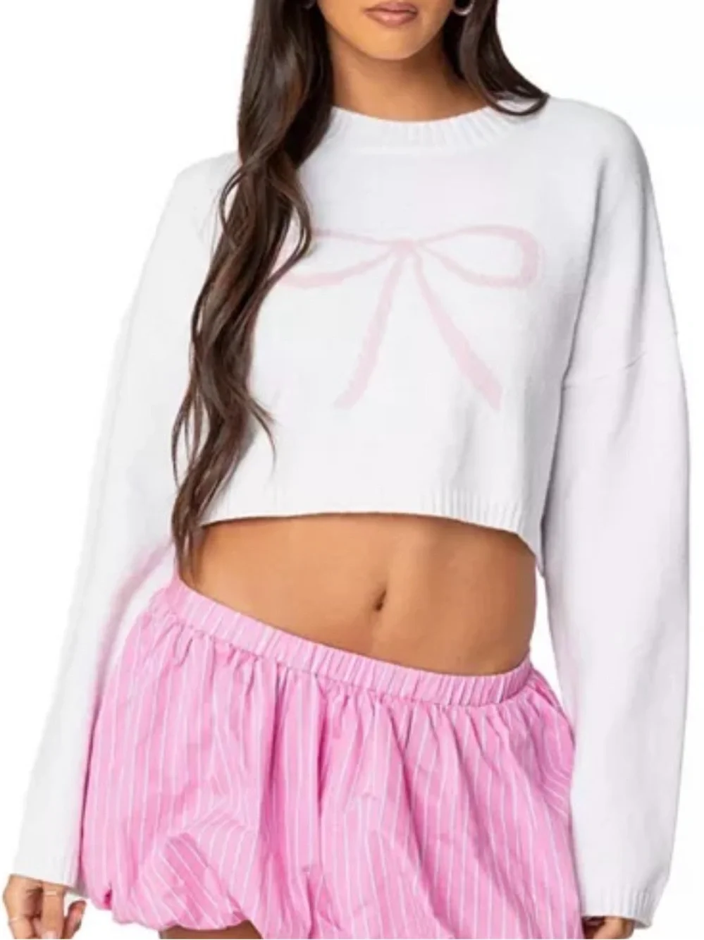 Edikted White Cropped Sweater with Pink Bow Accent size XS
